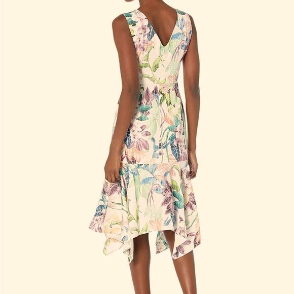 Maggy London Floral Doubled V Neck Hanky Hem Asymmetrical Midi Dress Coastal - Picture 1 of 8